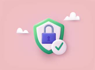 Shield with padlock and check mark. Data protection, safety, encryption, protection, privacy concept. 3D Vector Illustrations.