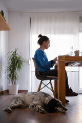 Side view of caucasian brunette woman working at home on her laptop while her dog watches her.