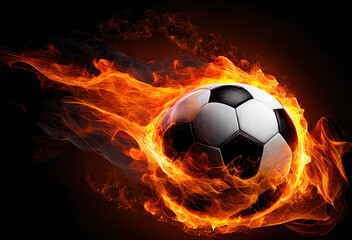 Fototapeta na wymiar A soccer ball flying fast with flames and fire in a soccer stadium