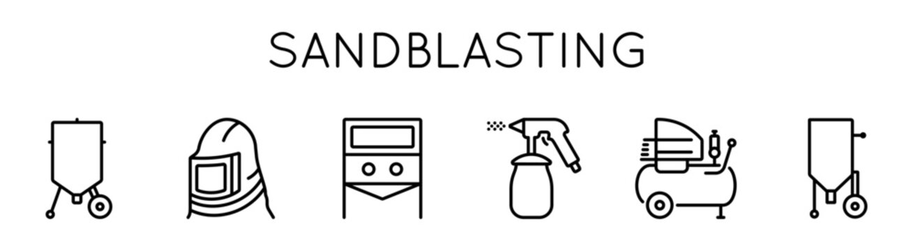 Sandblasting icons set. Presented camera, pistol, mask, container. For web design and internet.