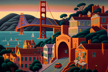 Golden Gate, San Francisco, Califórnia. City Illustration. Generative AI. - obrazy, fototapety, plakaty