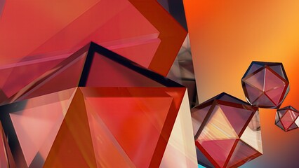 Red, orange, jewel-like angular deformed hexagonal three dimensional abstract dramatic passionate luxurious modern 3D rendering graphic design elemental background material.