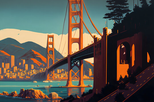 Golden Gate, San Francisco, Califórnia. City Illustration. Generative AI.