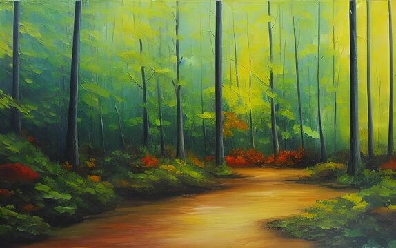Oil Painting of a path in the forest, children's fairy tale landscape, made with generative ai