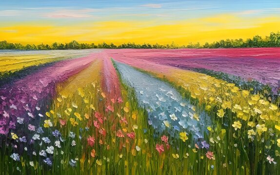 Oil Painting of a meadow field of flowers stretching to the horizon and fading into the distance with the evening sun, made with generative ai