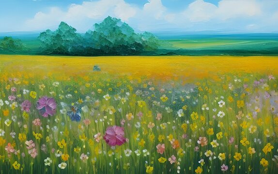 Field of flowers with a bright blue sky and white clouds in the distance, made with generative ai