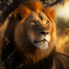 portrait of a lion in a desert bokeh large adult lion with a magnificent mane strong animal ai-generated