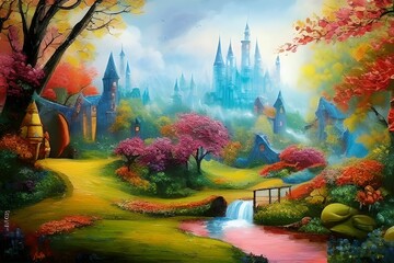 Oil painting of a fantasy landscape with colorful trees with a river cascading down the landscape with a small waterfall and a magical castle in the distance, made with generative ai