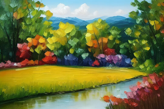 Oil painting of a colorful landscape with trees and a river running through it, beautiful mountains stretching across the horizon and a bright blue sky with some white clouds, made with generative ai