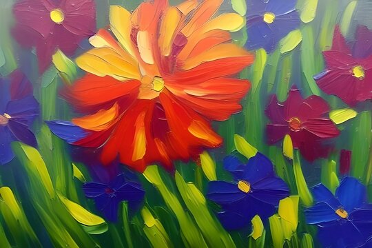 Close up oil painting of a red flower with many other colored flowers and sprites of grass around it, made with generative ai