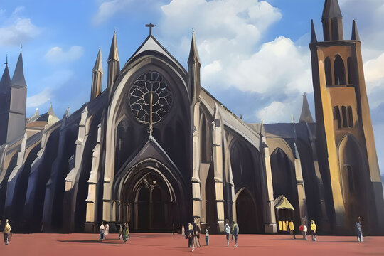 Oil painting of a majestic Cathedral and people walking around on the square, bright blue sky and white clouds in the backgorund, made with generative ai