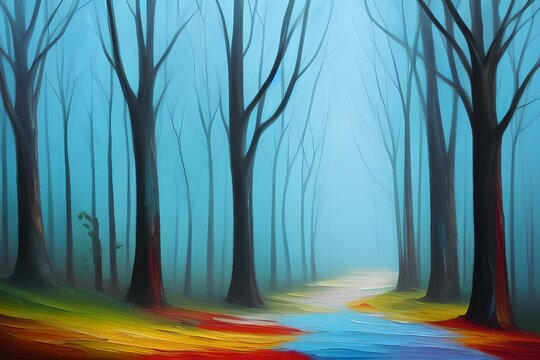 Oil painting of a path through a misty forest with barren trees, fairy tale forest, made with generative ai