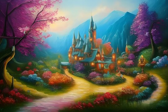 Oil painting of a path leading to a magic fairy tale castle in the middle of a forest, scene for a fairy tale story, made with generative ai