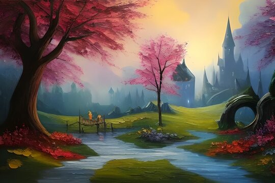 Oil painting of a fantasy landscape with colorful pink trees and a castle in the distance, made with generative ai
