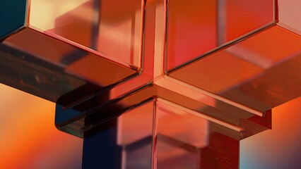 Red, orange, transparent glass-like cubes extruded Abstract, dramatic, passionate, luxurious, modern 3D rendering graphic design elemental background material.