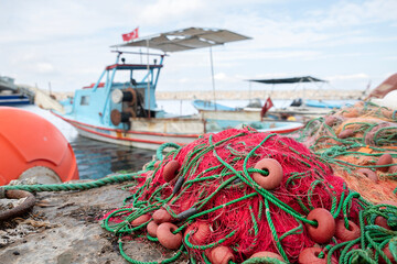 Fishing nets cleaned by the sea and waiting for fishing