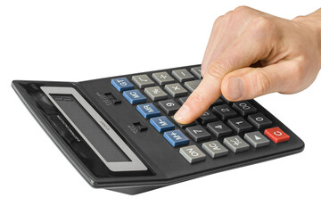 Finger presses button 8 on the calculator. Finance concept. png transparent
