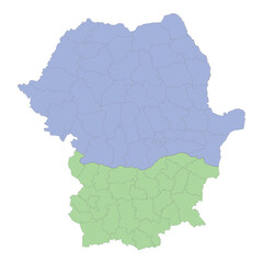 High quality political map of Romania and Bulgaria with borders of the regions or provinces