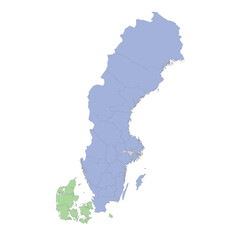 High quality political map of Sweden and Denmark with borders of the regions or provinces