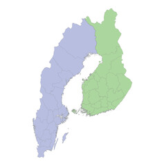 High quality political map of Sweden and Finland with borders of the regions or provinces