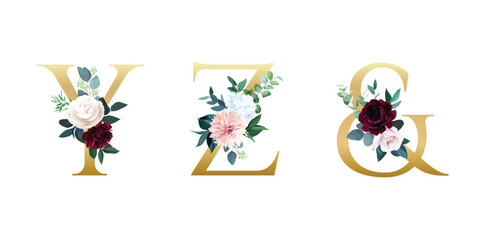Fototapeta premium Vector floral alphabet set with beautiful floral and leaves decoration