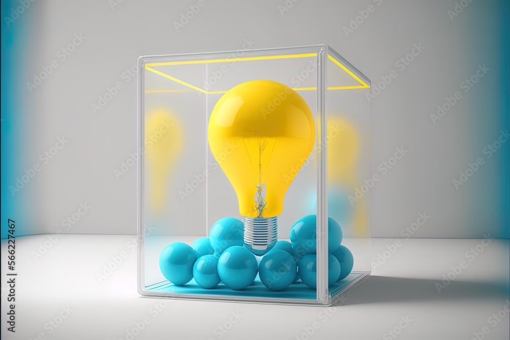 Poster a blue and a yellow lightbulb float in a glass box on a white backdrop. simple yet effective concept
