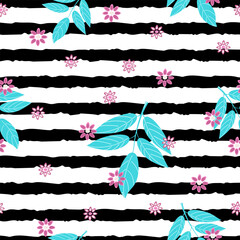 Floral seamless pattern with leaves and stripes. Daisy print. Packaging template, graphic design, texture, textile, bedding and wallpaper.