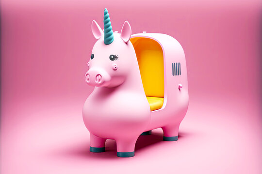 Fat Unicorn Character Seat In Train Isolated On Pink Background