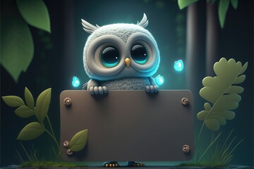 3D cute owl cartoon holding blank sign. 3D animal background. Suitable for banners, signs, logos, sales, discount, product promotions, etc. Generative AI