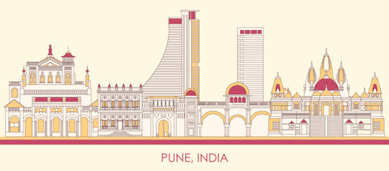 Cartoon Skyline panorama of city of Pune, India - vector illustration