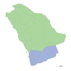 High quality political map of Saudi Arabia and Yemen with borders of the regions or provinces.