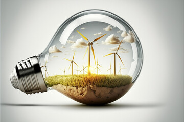 
a light bulb with wind turbines in a field inside on a white background, green clean energy