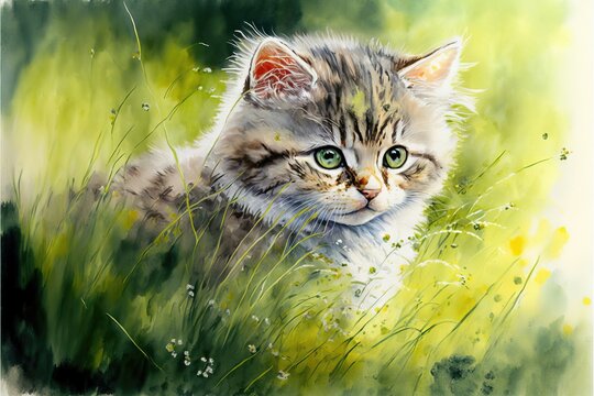 Cute kitten is playing in grass. Watercolor painting of cute cat pet animals. Generative AI
