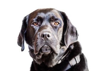 Dog isolate on white. Portrait of a black labrador retriever with brown eyes. Animal, pet.