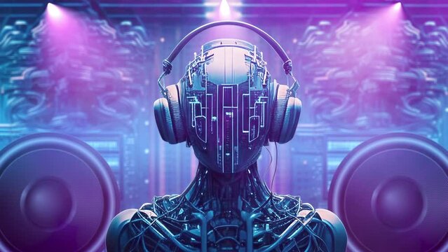 Rhythmic dancing humanoid robot with headphones onmusic stage. 3D video loop VJ cyber party projection.