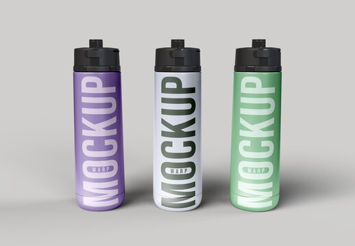 Sports Water Bottle Mockup Set &ndash; Colorful Fitness and Gym Drinkware Branding Collection &ndash; Clean Minimal Display on Gray Background