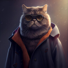 chic cat charisma wearing coat, wearing sunglasses, funny, fashion, pic as wallpaper, poster, t shirt and others