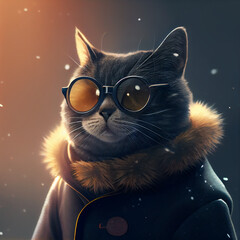 chic cat charisma wearing coat, wearing sunglasses, funny, fashion, pic as wallpaper, poster, t shirt and others