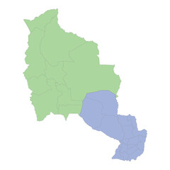 High quality political map of Bolivia and Paraguay with borders of the regions or provinces.