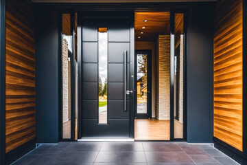 Modern door, wood and glass entryway of a house, Generative AI