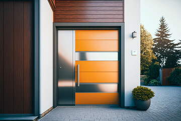 Modern metal yellow door entryway to a house, Generative AI