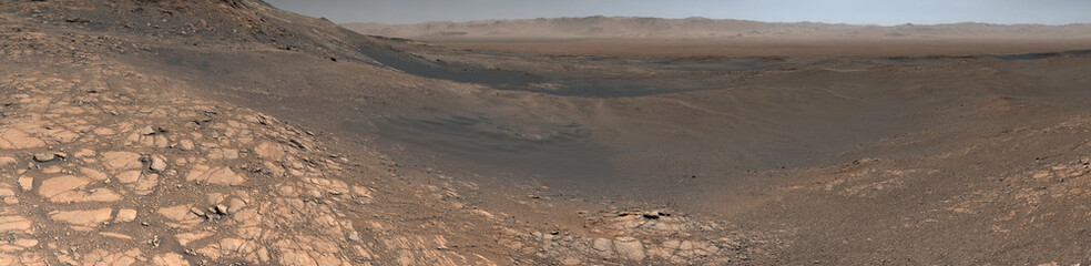 Martian surface landscape. Panoramic background. Elements of this Image Furnished by NASA.