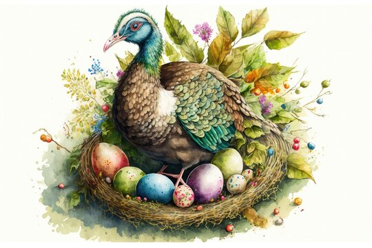 Mother turkey sits on the nest and easter eggs. Watercolor painting. Generative AI