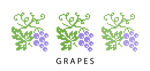 Grape pixel art isolated vector icon, sign, logo. Illustration of grape for wine label or juice. Pixel art, vyshyvanka, cross stitch, dots