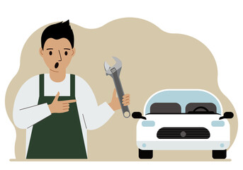 Obraz na płótnie Canvas Auto mechanic in a car workshop near a white car. A man holds a wrench in his hand. Car repair concept. Poster, advertisement, banner.
