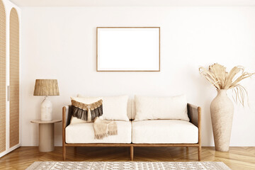Frame mockup in home interior, Living room, Boho mockup, 3D rendering