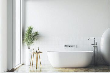 Naklejka na ściany i meble wall mockup in white cozy bathroom interior background, 3d render