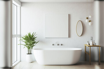 Naklejka na ściany i meble wall mockup in white cozy bathroom interior background, 3d render