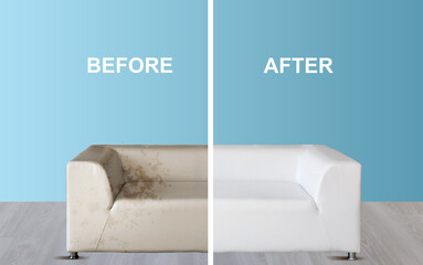 Before and after cleaning sofa. Blue soft sofa dirt. dirty half and clean half. dry cleaning company
