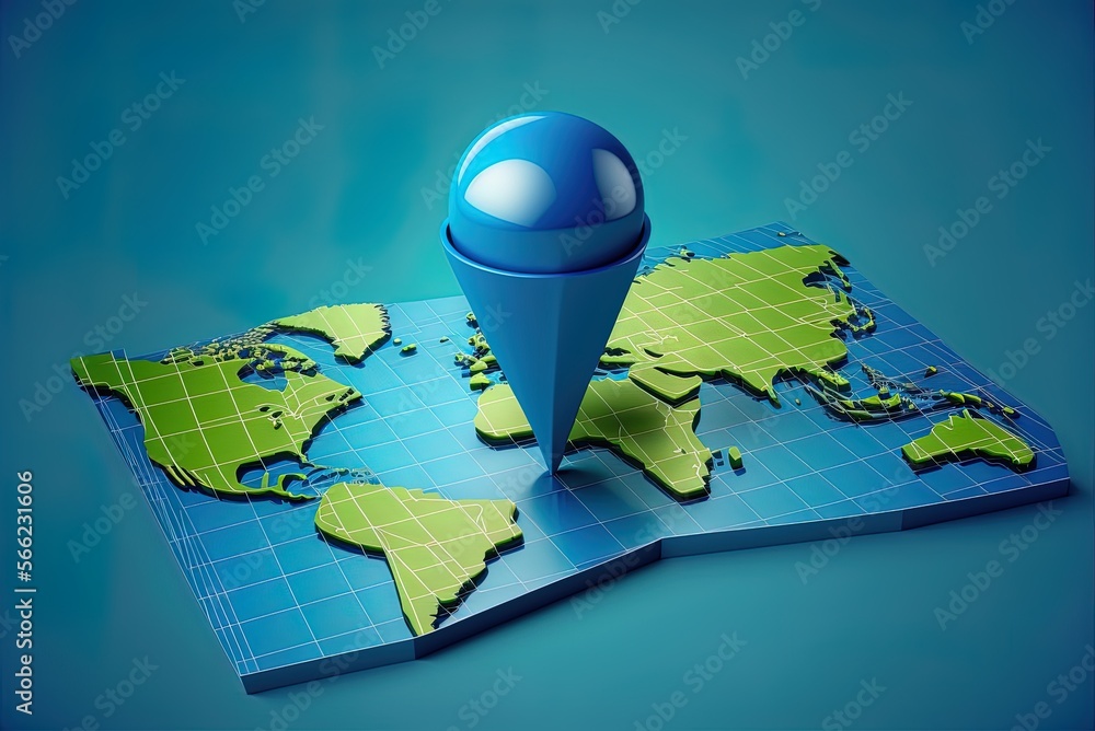 Poster pin in blue on a map for pointing the way or indicating an area of interest. maps, signs, and global